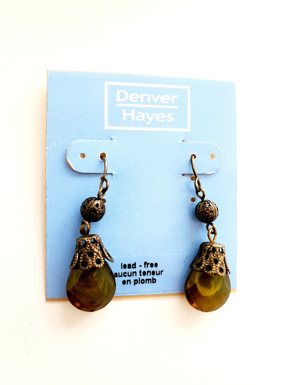 Denver Hayes Olive Teardrop Earrings with Antique Gold Caps